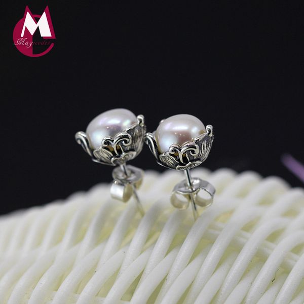 

7mm natural pearl earrings vintage flower 100% 925 sterling silver earrings for women exquisite silver 925 jewelry se16, Golden;silver