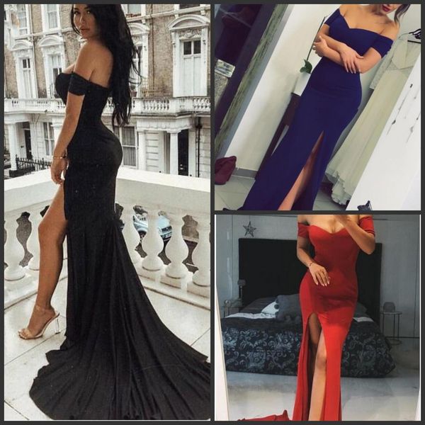 

2018 new navy blue mermaid prom dresses 2k17 simple off the shoulder satin split side long evening dresses red black party dresses