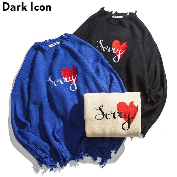 

broken heart letter embroidery ripped oversize sweater men 2018 winter preppy style men's sweater 3colors, White;black