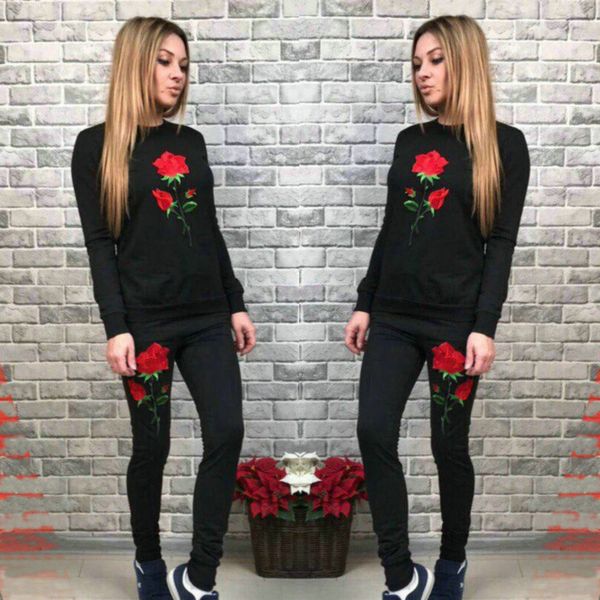 

two piece set fashion embroidered long sleeve women sweater roses round neck casual hoodies eur sudaderas mujer sportswear, Gray