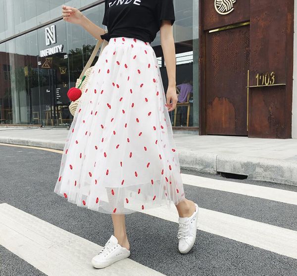 

2018 summer new long mesh embroidery a-line skirt fashion laploose casual student sweet skirt, Black