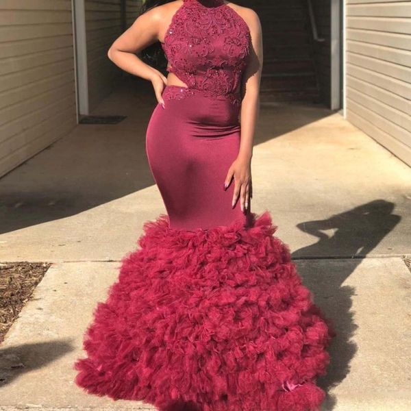 

2018 бургундия русалка пром платья холтер шеи аппликации атласная трепал тюль спинки сексуальная африканский плюс размер пром платья женщин, Black