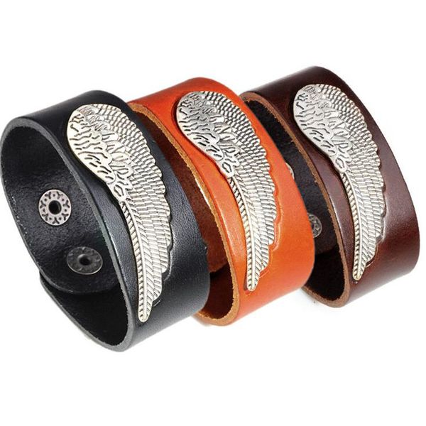 

2021 new men rock wing genuine leather bracelet alloy punk wristband bangle for boyfriend gift, Black