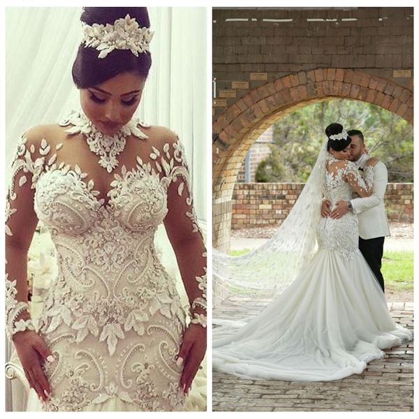 

2021 luxurious slim mermaid wedding dresses bridal gowns sheer long sleeves beaded lace appliques beaded custom dubai vestidos de novia, White