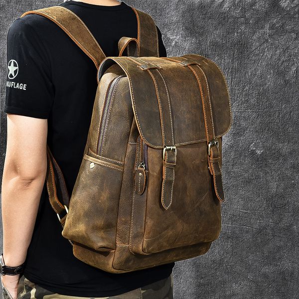 

brand designer men oil genuine leather backpack vintage daypack multi pocket rucksack travel real leather tote bolsa bagpack