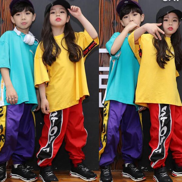

colors girls boys loose cool ballroom jazz hip hop dance competition costume set pants for kids dancing clothing outfits, Black;red