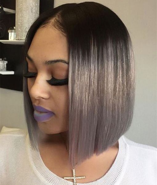Ombre Gray Lace Front Human Hair Wig With Black Roots Grey Short