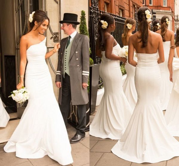 

ivory satin mermaid bridesmaid dresses 2018 strapless backless african bridesmaid gowns wedding party dresses sweep train, White;pink