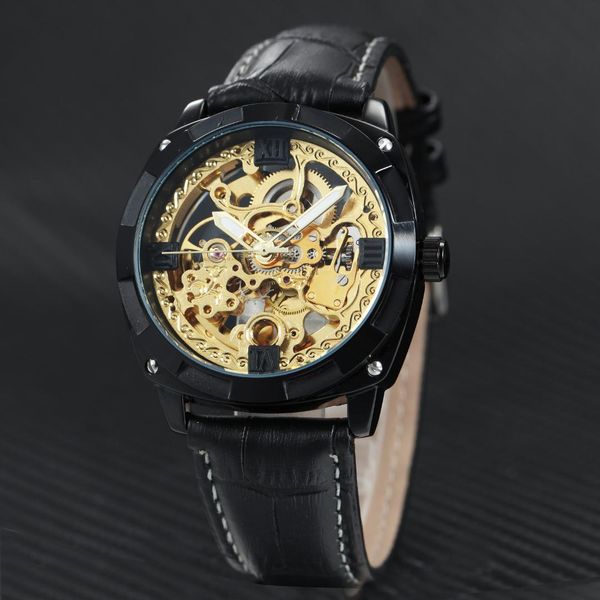 

numerals man men skeleton watches mechanical leather fashion strap automatic forsining watch wrist dial roman transparent ftrih, Slivery;brown