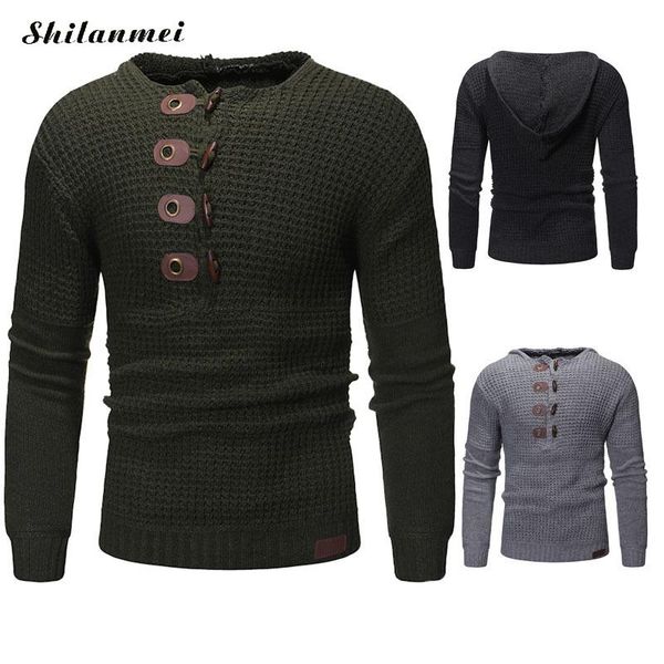 

hooded knitted sweater men autumn winter warm pullover long sleeve button fashion sweater jumper knitwear solid slim fit outwear, White;black