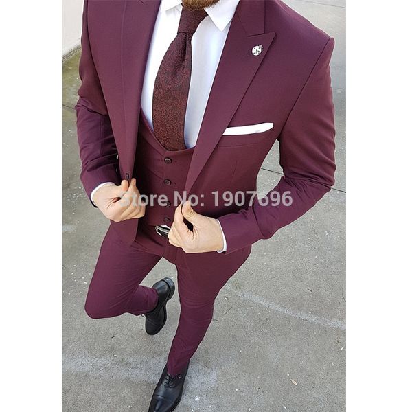 

three piece burgundy men suits for groomsmen tuxedos 2018 peaked lapel blazer latest style jacket pants vest, White;black