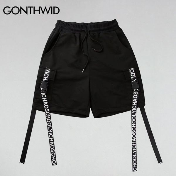 

side ribbon elastic waist drawstring shorts mens summer fashion hip hop harajuku pocket harem shorts streetwear regular, White;black
