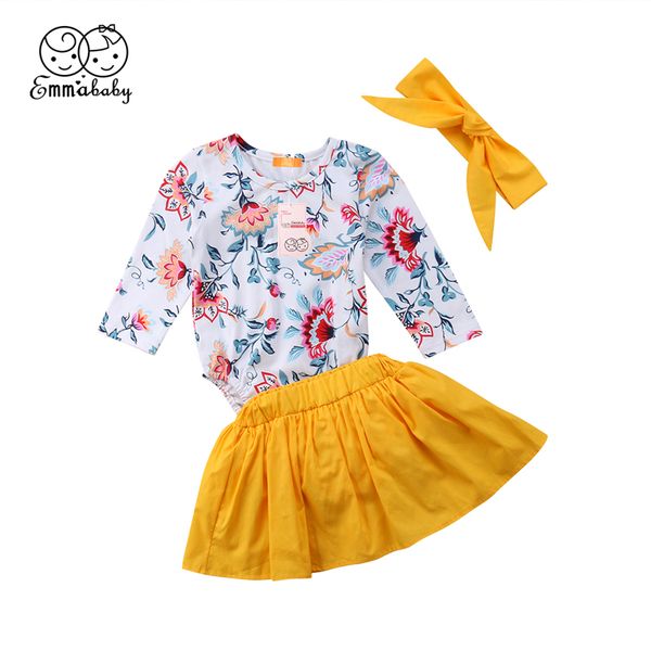 

newborn baby girl clothes set 3pcs 0-24m toddler kid long sleeve floral bodysuit jumpsuit tutu princess skirt headband outfit, White