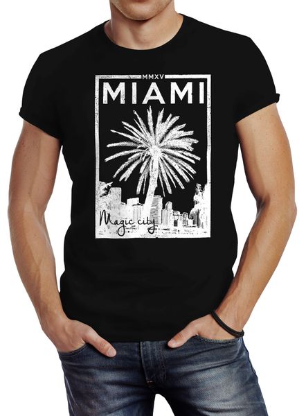 

fashion cool design miami beach palm trees skyline magic city men's short sleeve t-shirts, White;black