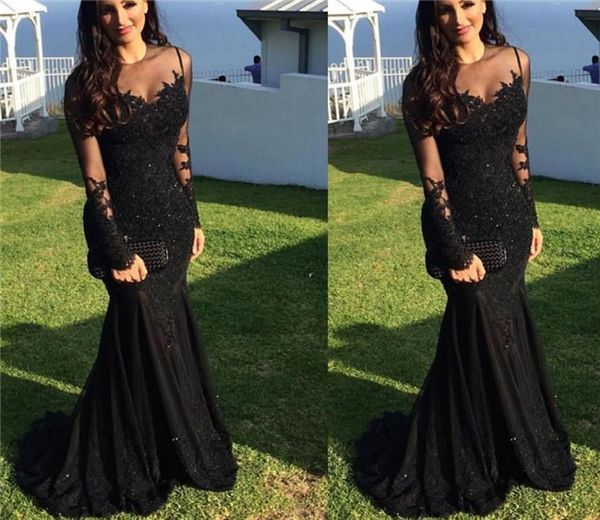 

black long sleeves mermaid evening dresses sheer neck sweep train prom gowns lace appliques women formal party dresses, Black;red