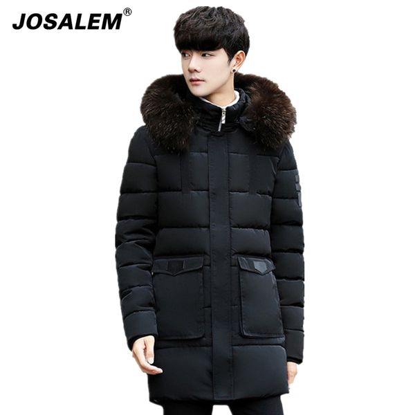 

josalem 2018 cotton thick mens winter parka with fur hood collar warm men long parkas jacket fashion man coats male clothes, Black