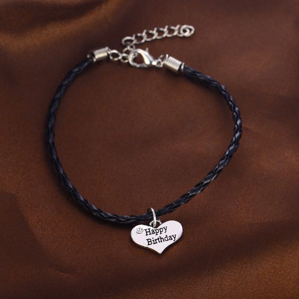 

12pc/lot crystal heart charms happy birthday bracelets black rope chain bangle women men birth gifts family friend jewelry, Golden;silver