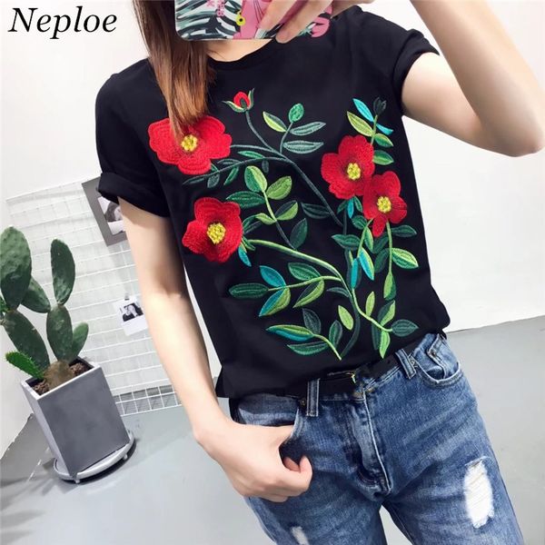 

neploe 2018 europe america new women embroidery flower t-shirt loose short-sleeve t shirt wild fahion tshirt tide tee 65716, White
