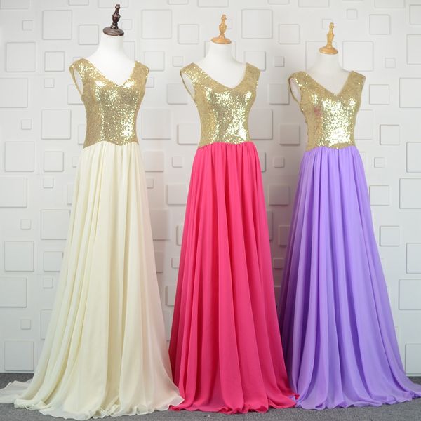 

v neck long bridesmaid dress with gold sequins 2018 new evening dresses floor length prom dresses, White;pink