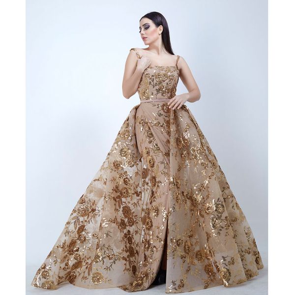 Yousef Aljasmi Abiti da sera a sirena con strascico staccabile Abiti da ballo arabi con paillettes dorate Collo quadrato Abito formale in tulle con spacco laterale 326 326