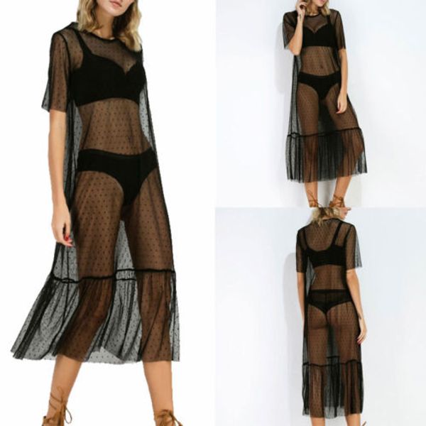 

women short sleeve see-through mesh dress ruffles dot loose mid-calf dress beach wear sundress, Black;gray