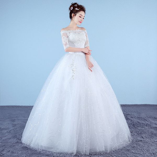 Abiti da sposa semplici principessa bianca personalizzati 2018 Nuovo stile coreano pizzo mezza manica scollo a barchetta abito da sposa vestido de noiva