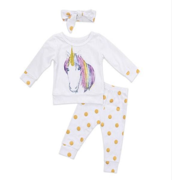 

newborn baby girls unicorn clothes outfits pants+headband 3pcs set shining dot long sleeve kids clothing baby boys girl clothes by0302, White