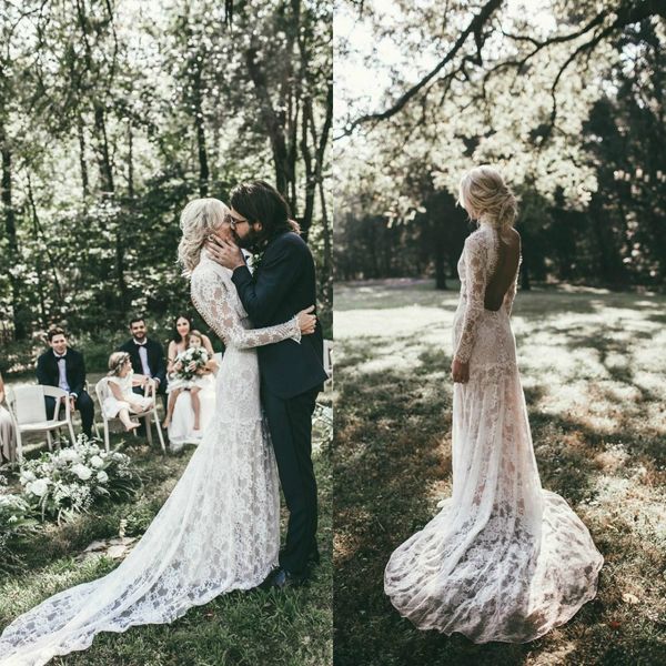 

мода страна сад русалка свадебные платья высокая шея с длинным рукавом полный кружева спинки удивительные свадебные платья халат де mariée s, White