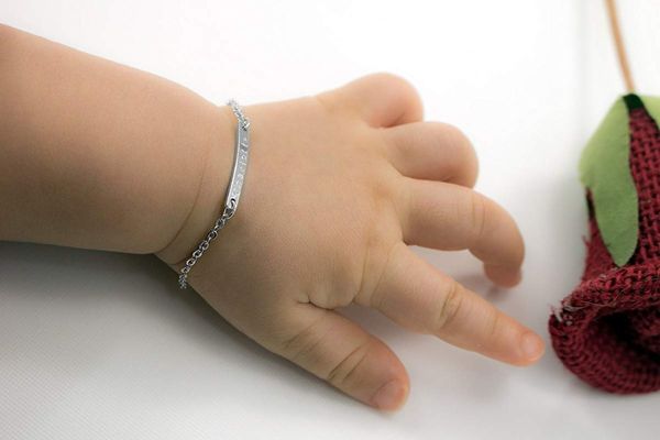 

personalize a dainty baby name bar bracelet 4" chain new born to children gift and first birthday baby shower gift, Black
