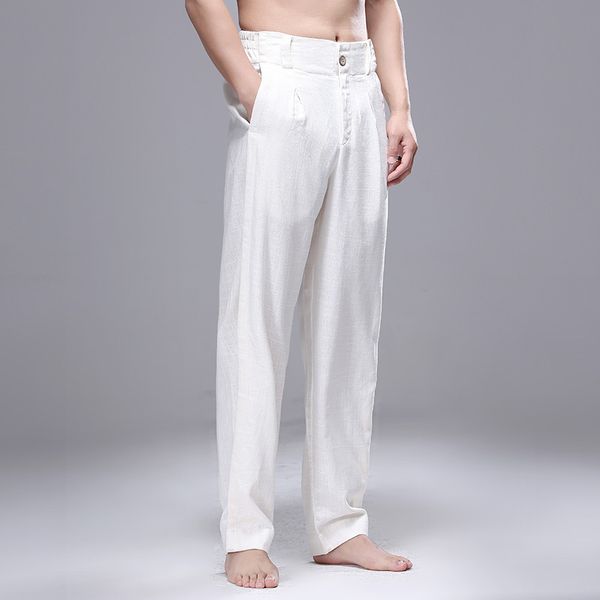 

autumn men pants solid color cotton linen loose men trousers casual full length straight lightweight male pants button, Black