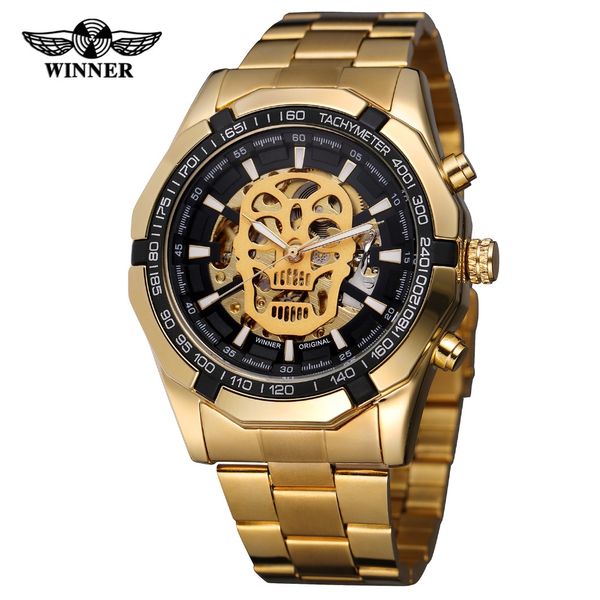 

skeleton automatic mechanical watch winner gold men watches stainless steel bracelet sports luxury male clock wristwatch, Slivery;brown