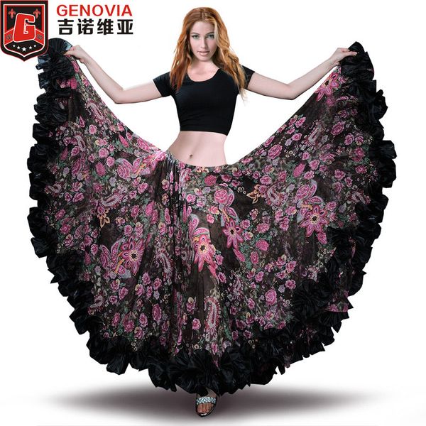 

2018 belly dance chiffon tribal bohemia gypsy 25 yard 720 long skirt flamenco skirt belly dance gypsy tribal ats, Black;red