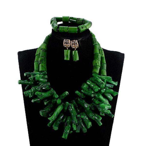 

african nigerian wedding coral beads jewelry set green chunky beads statement necklace set baroque style cnr035, Silver
