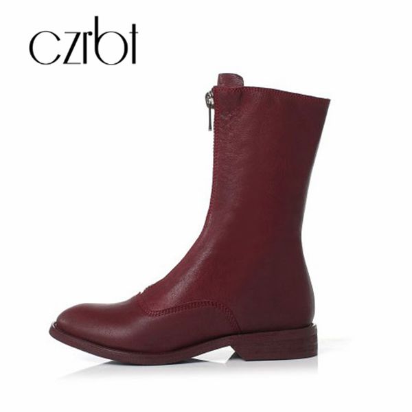 

czrbt 2018 new zipper women's shoes vintage hand-made leather chunky warm comfortable bucket casual women's boots, Black