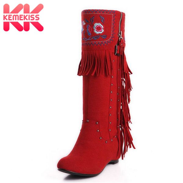 

kemekiss new women mid calf boots height increasing fringe winter shoes women casual bohemia style boots footwear size 33-40, Black