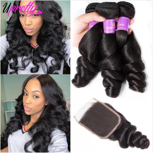 

loose wave bundles with closure 3 bundles brazilian hair weave bundle loose wave human hairs bundles with closures 4 pcs, Black