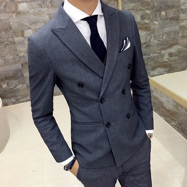 

latest design double breasted gray wedding groom tuxedos peak lapel groomsmen mens dinner blazer suits (jacket+pants+tie) 664, Black;gray
