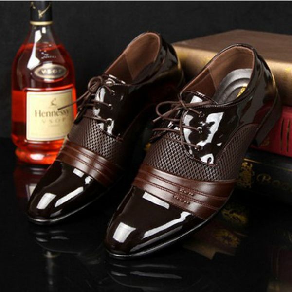 

breathable mens formal shoes office oxford shoes for men pointed toe patent leather hollow outs wedding dress shoes business, Black