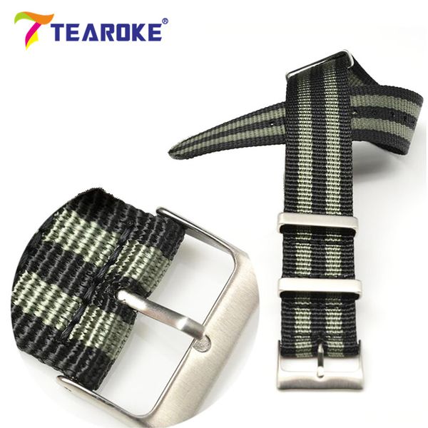 

tearoke heavy duty nylon nato zulu watchband 20mm 22mm stainless steel square buckle striped canvas replacement watch band strap, Black;brown