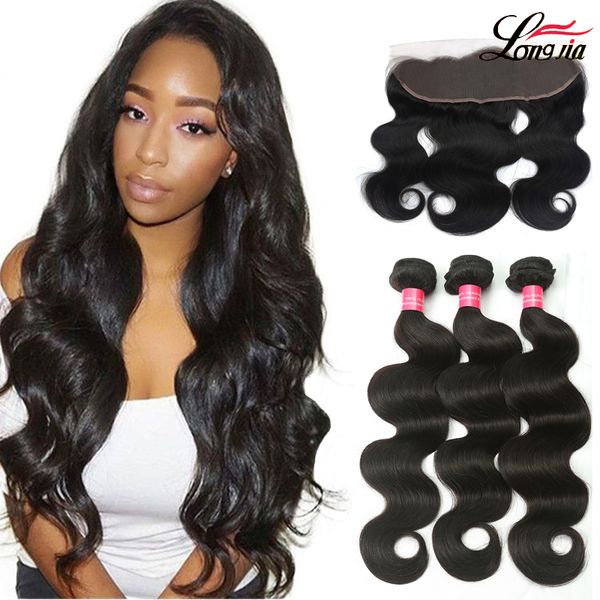 

бразильский объемная волна волос с 13x4 кружева фронтальная закрытие уха до уха кружева фронтальная с пучками бразильский человеческих волос, Black