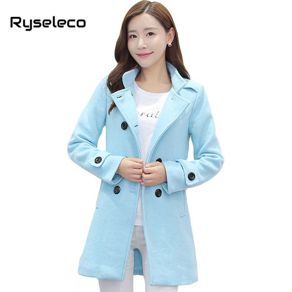 

wholesale-ryseleco girls winter fashion sweet double breasted regular casual wool blends coats women slim brief pure color warm jackets, Black