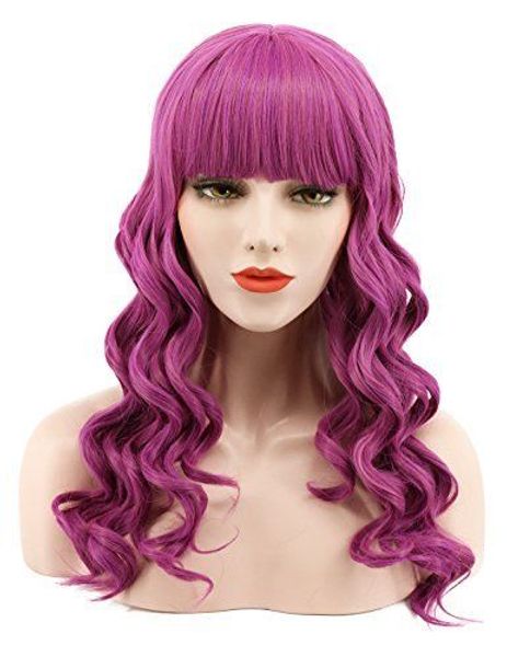 

long wave purple flat bang cosplay wig halloween costumes party wig, Black