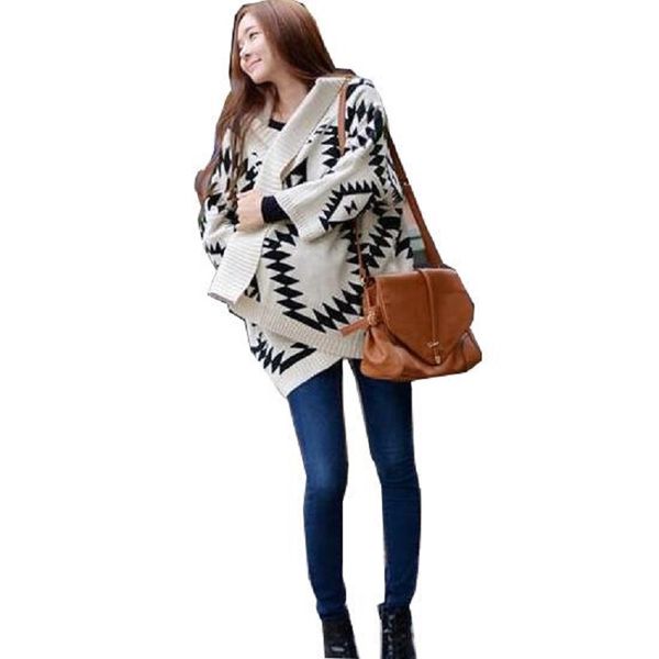 

autumn winter women sweater long sleeve loose casual knitting cardigan argyle shawl coat sweater women warm female cardigan, White;black