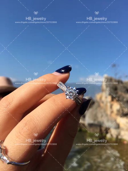 

six claw 2 karat 2ct diamond rings for lady fashion design women party wedding couple gift imitation jewelry with box, Slivery;golden