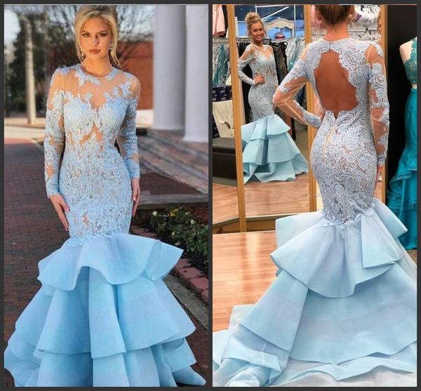 

long sleeves mermaid prom dresses 2018 new sheer neck appliques lace organza backless light sky blue evening dresses formal party dresses, Black