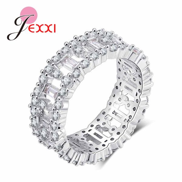 

whole salejexxi classic anillos mujer bague 925 sterling silver wedding rings for female clear rhinestones studded finger wide rings band, Golden;silver