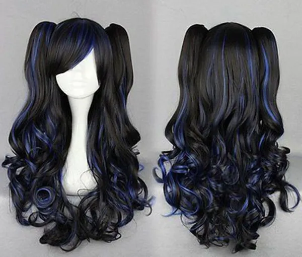 Moda LOLITA Peruca Cosplay Anime Encaracolado Ondulado Perucas de Cabelo Longo + 2 Rabo De Cavalo Cor Mix