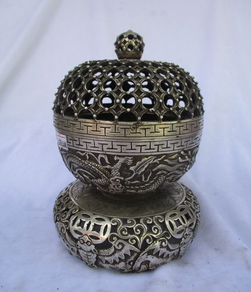 

rare old antique tibet silver carved cage incense burner /metal censer 00041