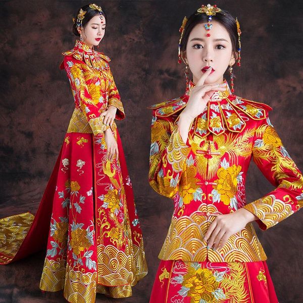 

vintage chinese style formal dress royal phoenix wedding cheongsam costume red bride traditional tang suit embroidery qipao new