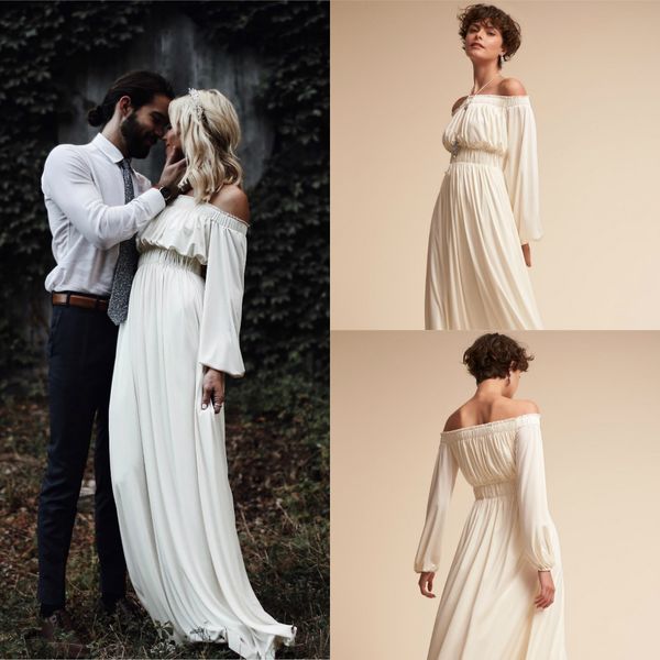 

off the shoulder wedding dresses bridal gowns with long sleeves bhldn vintage wedding dress chiffon vestido de novia, White